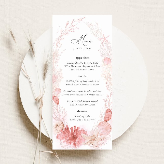 Blush Beach Coastal Seashell Wedding Reception Menu (Blush coastal wedding menu beach menu card pink seashell elegant destination wedding stationery)