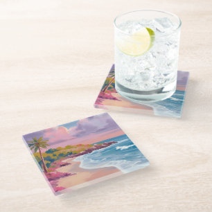 Blush Beach   Pink Ocean Painting Glass Coaster