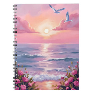 Blush Beach   Pink Ocean Sunset Coastal Watercolor Notebook