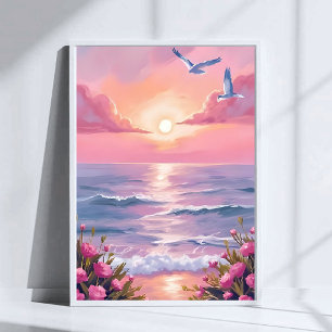 Blush Beach Pink Ocean Sunset Coastal Watercolor Poster