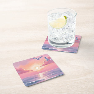 Blush Beach Pink Ocean Sunset Coastal Watercolor Square Paper Coaster