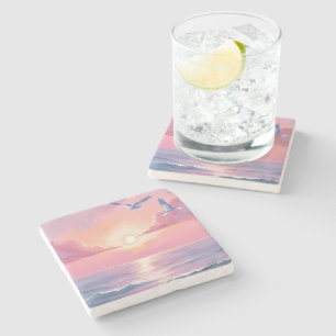 Blush Beach Pink Ocean Sunset Coastal Watercolor Stone Coaster
