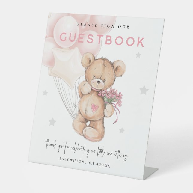 Blush Bear Balloon Guestbook Sign Baby Shower (Front)
