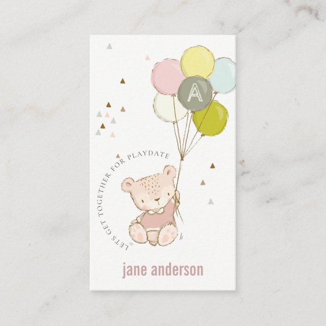 Blush Bear Balloon Monogram Kids Playdate Calling Business Card (Front)