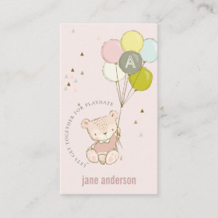 Blush Bear Balloon Monogram Kids Playdate Calling Business Card