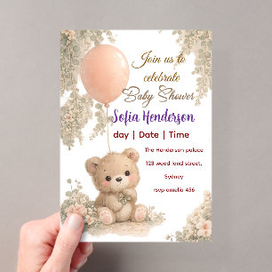 Blush Bear Soft Water colour floral baby shower Acrylic Invitations