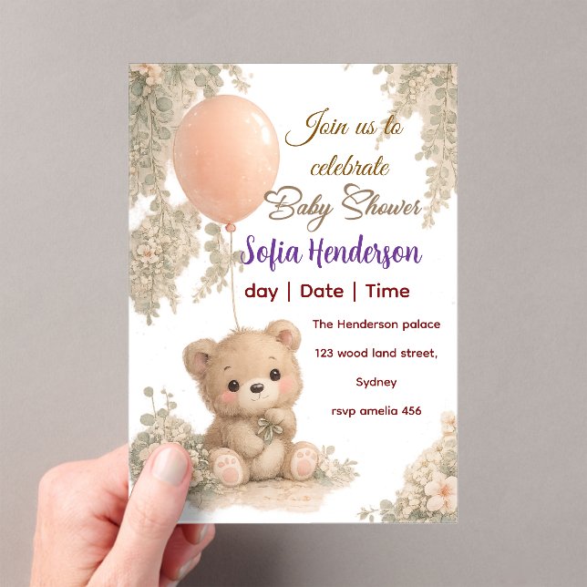 Blush  Bear Soft Water colour floral baby shower Acrylic Invitations (Insitu (Handheld))