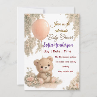 Blush Bear Soft Water colour floral baby shower Invitation