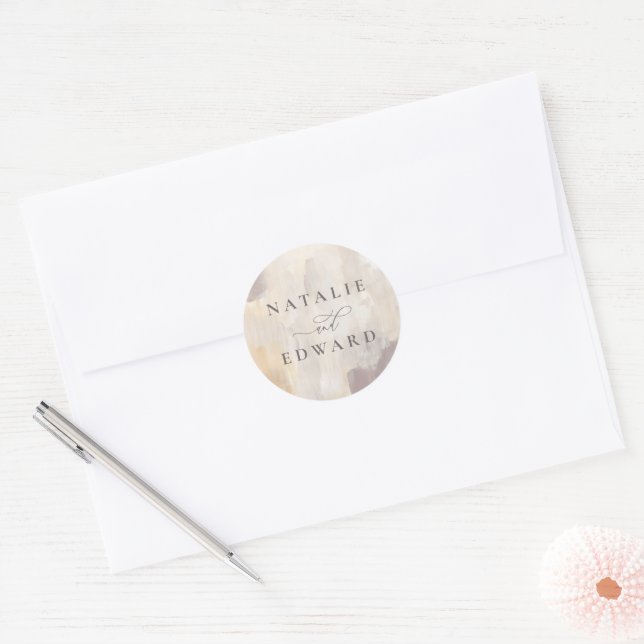 Blush beige and cream abstract painted wedding classic round sticker (Envelope)