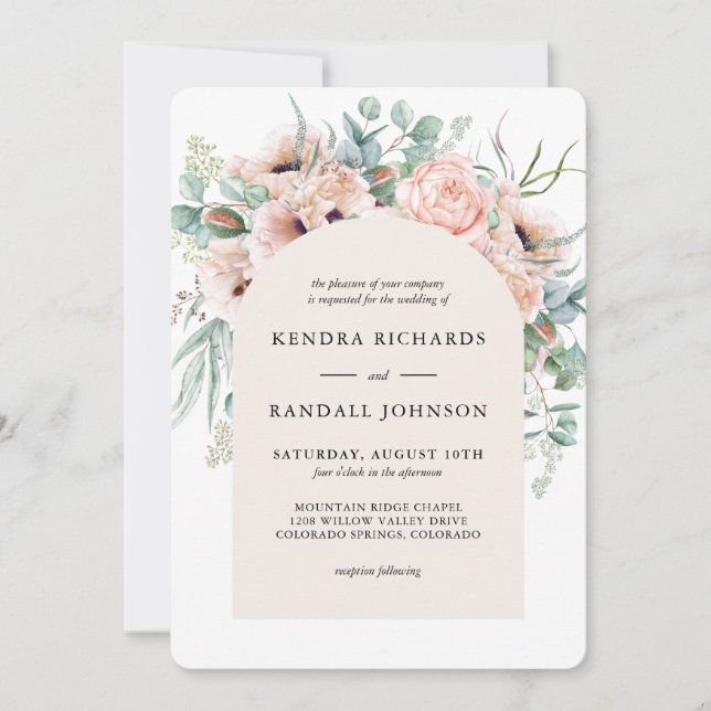 Blush Beige Boho Poppies and Greenery Wedding Invitation (Front)