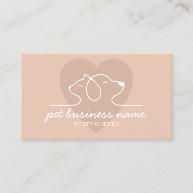 Blush Beige cat and dog together in heart Business Card (Front)