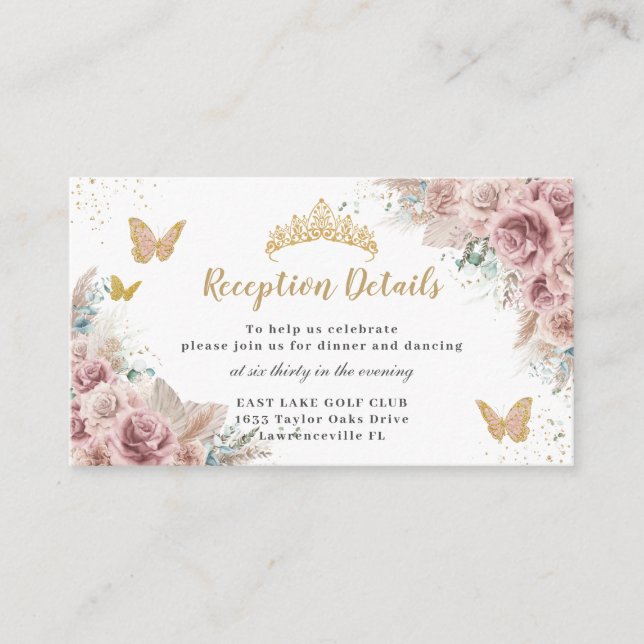 Blush Beige Floral Pampas Quinceañera Reception Enclosure Card (Front)