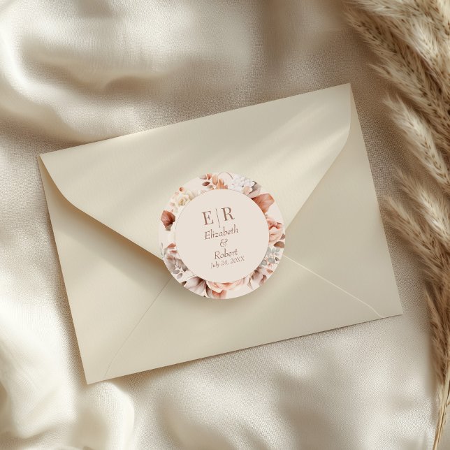 Blush Beige Monogram Wedding Favour Sticker (Modern Blush Mocha Mousse Monogram Floral Wedding Classic Round Sticker on a small envelope.)