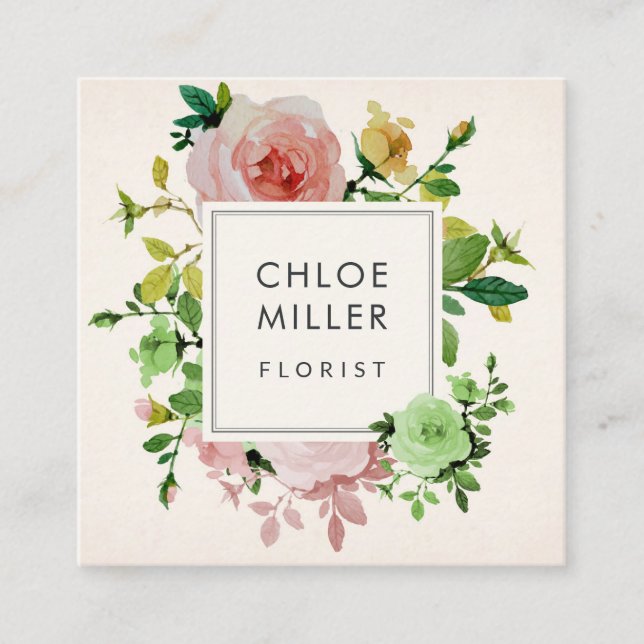 Blush Beige Vintage Floral Square Business Cards (Front)