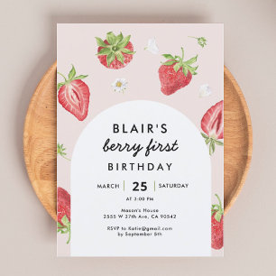 Blush Berry First Birthday Strawberry Theme Invitation