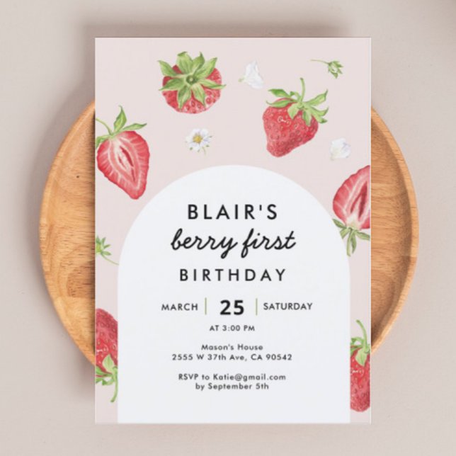 Blush Berry First Birthday Strawberry Theme Invitation (Creator Uploaded)