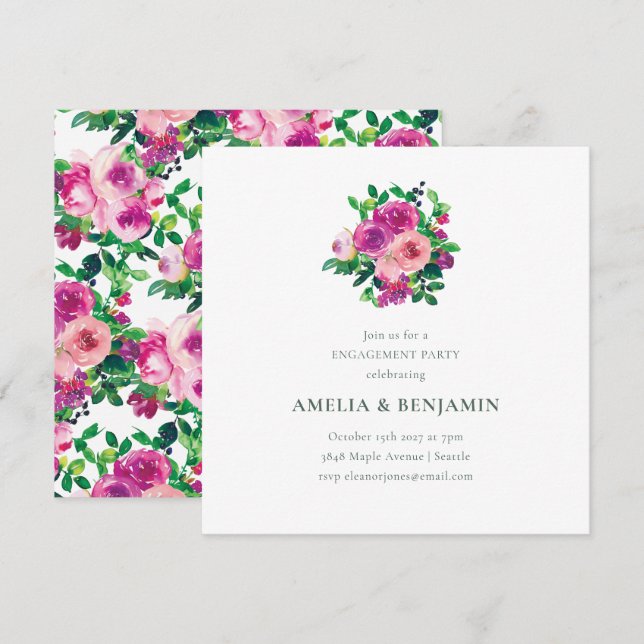 Blush Berry Floral Engagement Party Magenta Invitation (Front/Back)