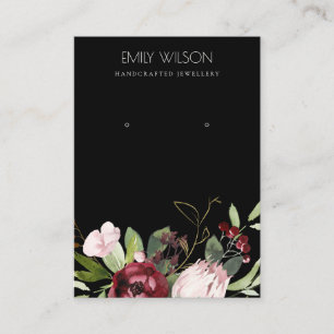 BLUSH BLACK BURGUNDY PROTEA FLORAL EARRING DISPLAY BUSINESS CARD