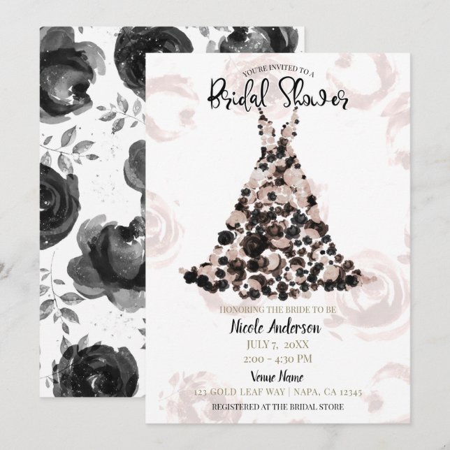 Blush Black Classy Floral Rose Dress Bridal Shower Invitation (Front/Back)