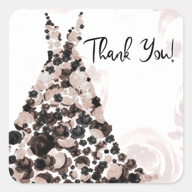 Blush Black Classy Floral Rose Dress Bridal Shower Square Sticker (Front)