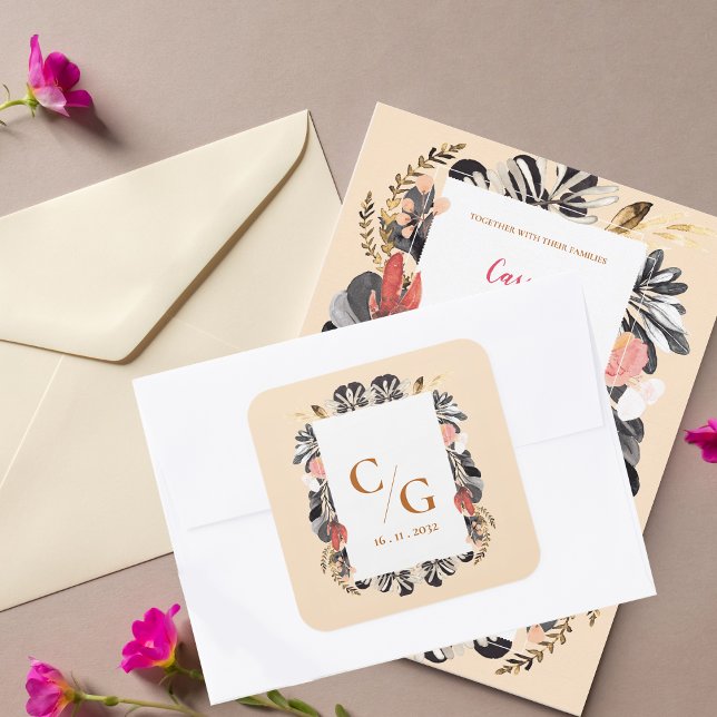 Blush & Black Floral Monogram Wedding Envelope Square Sticker (Blush & Black Floral Monogram Wedding Envelope Square Sticker)