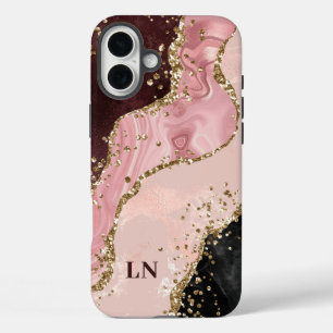 Blush Black Gold Glitter Agate Monogram iPhone 16 Plus Case