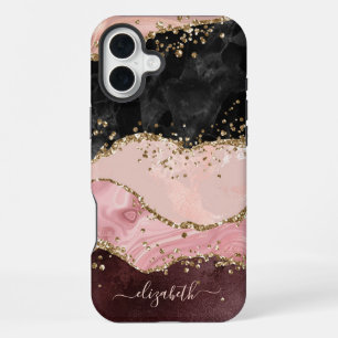 Blush Black Gold Glitter Agate Name Script iPhone 16 Plus Case