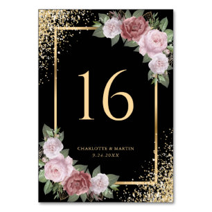 Blush Black Gold Glitter Floral Wedding Table Number