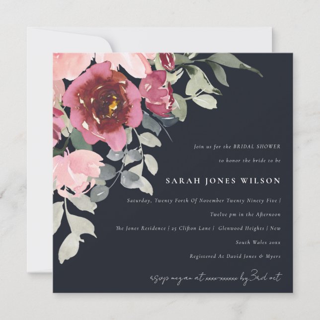 BLUSH BLACK RED ROSE FLORAL BRIDAL SHOWER INVITE (Front)