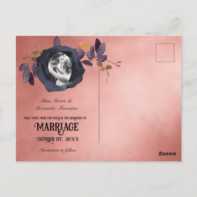 Blush Black Rose Photo Save Our Date Postcard (Back)