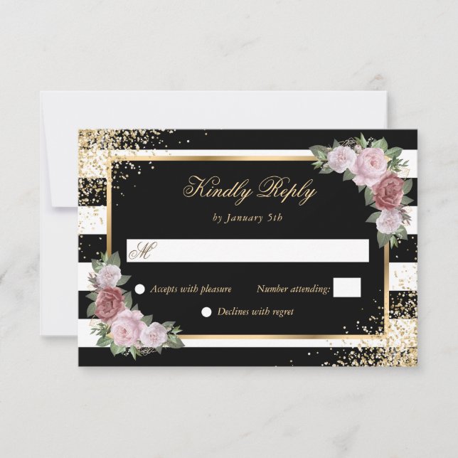 Blush Black White Gold Confetti Floral Wedding RSVP Card (Front)