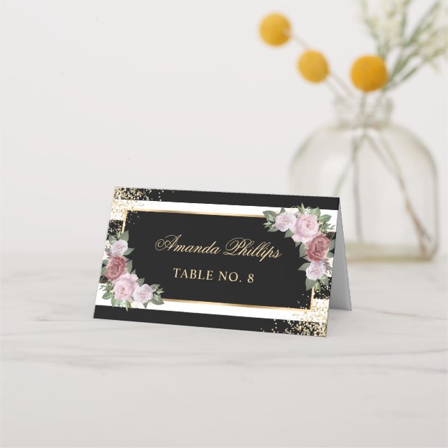 Blush Black White Gold Floral Wedding Place Card (Front)