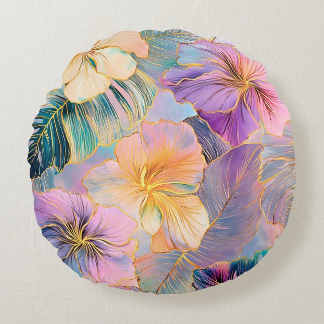 Blush Bloom Exotic Leaves Flower Round Cushion (Front)