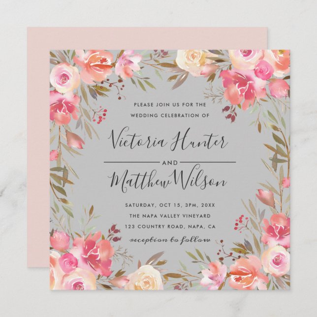 Blush Bloom Floral Wedding Invitation | Grey (Front/Back)