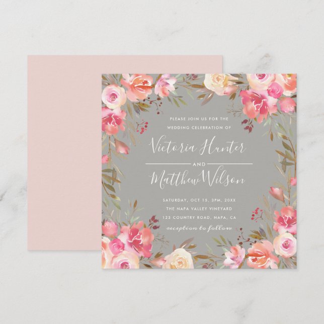 Blush Bloom Floral Wedding Invitation | Grey (Front/Back)