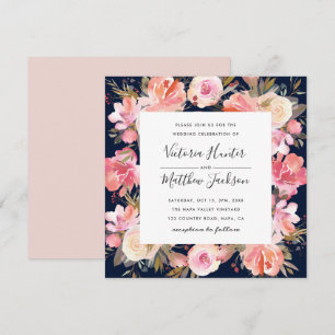 Blush Bloom Floral Wedding Invitation   Navy