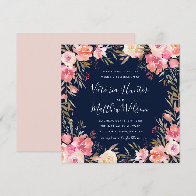 Blush Bloom Floral Wedding Invitation | Navy (Front/Back)