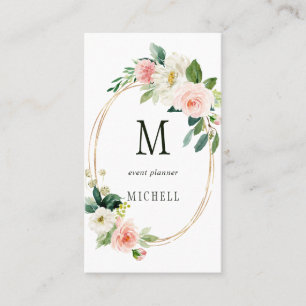 Blush Bloom Oval Gold Frame Monogram Business Card