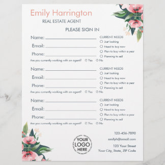 Blush Bloom Sign In Sheet Grey Real Estate Agent