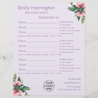 Blush Bloom Sign In Sheet Mauve Real Estate Agent