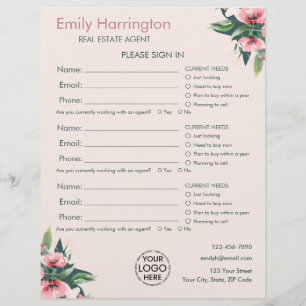 Blush Bloom Sign In Sheet Rose Real Estate Agent