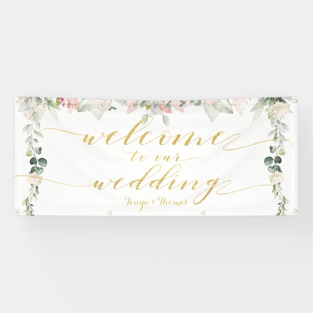 Blush Blooms Fancy Gold Calligraphy Welcome Banner (Horizontal)