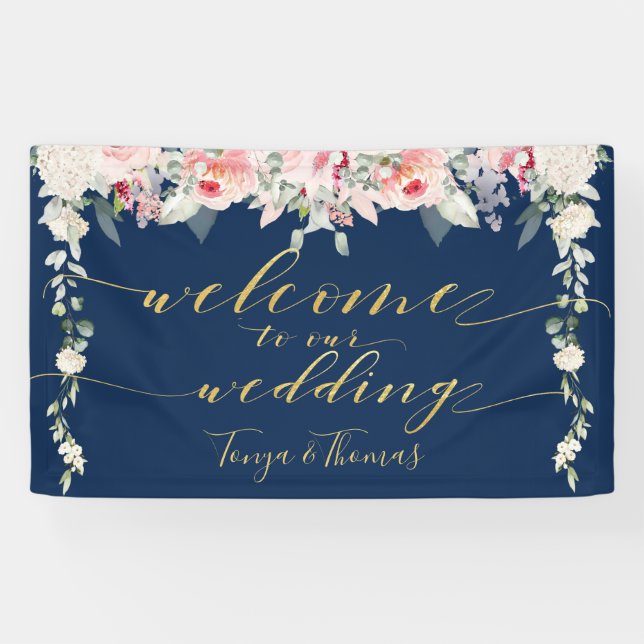 Blush Blooms Fancy Gold Calligraphy Welcome Banner (Horizontal)