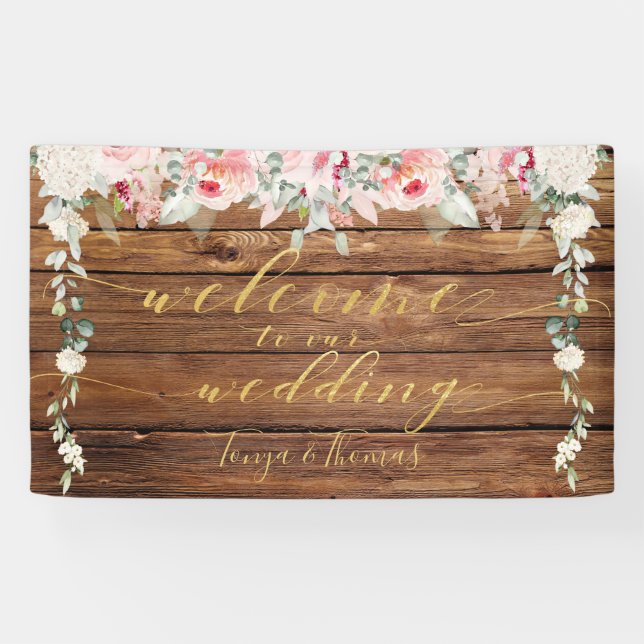 Blush Blooms Fancy Gold Calligraphy Wood Welcome Banner (Horizontal)