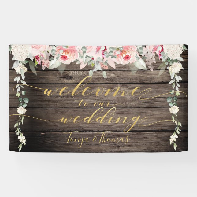 Blush Blooms Fancy Gold Calligraphy Wood Welcome Banner (Horizontal)
