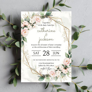 Blush Blossoms: Chic Gold-Framed Wedding Invitation