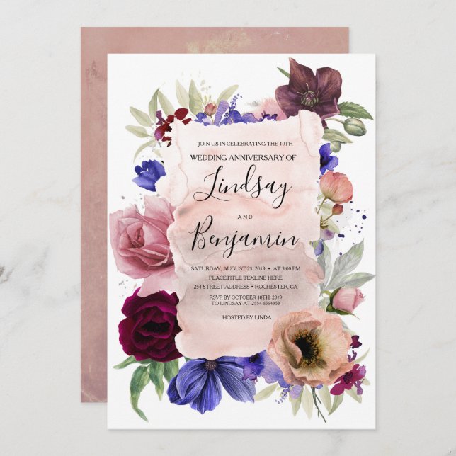 Blush Blue and Burgundy Floral Wedding Anniversary Invitation (Front/Back)