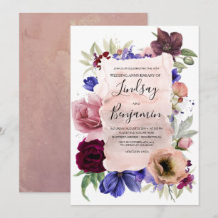 Blush Blue and Burgundy Floral Wedding Anniversary Invitation