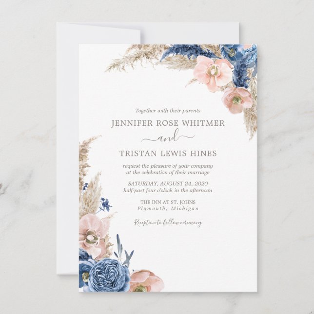 Blush Blue Boho Dried Pampas Watercolor Wedding In Invitation (Front)