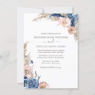 Blush Blue Boho Dried Pampas Watercolor Wedding In Invitation